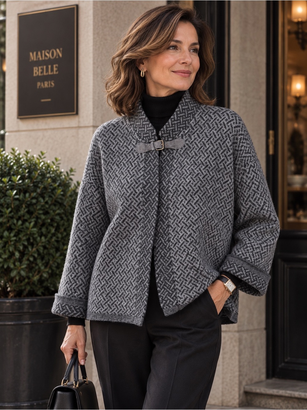 Chiaramente Italy L Gray Wool Blend Cape Cardigan Buckle Poncho Quiet Luxury
